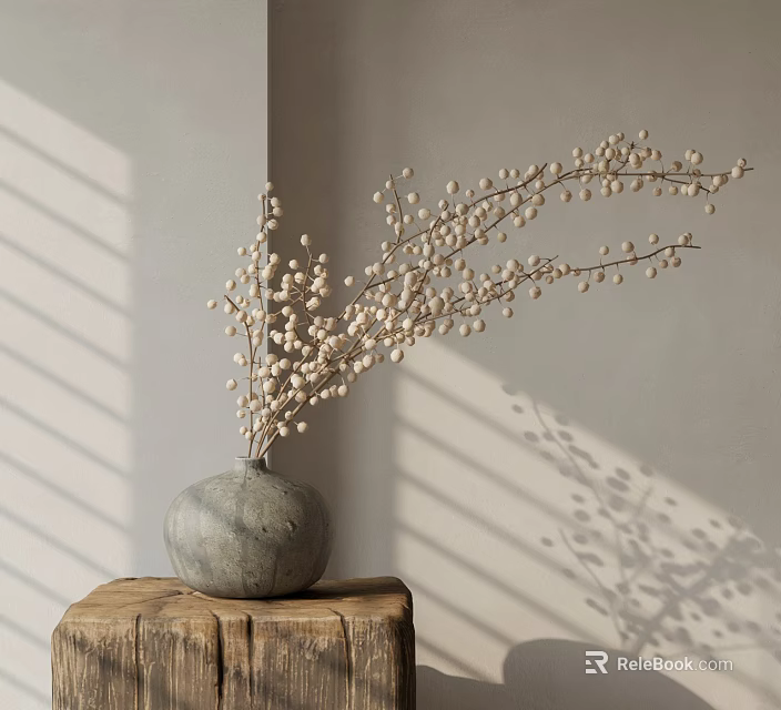 Gray Ceramic Vase With White Berry Branches On Wooden Stump In Sunlight Shadows 3d model 