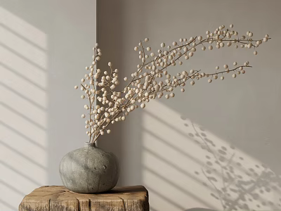 Gray Ceramic Vase With White Berry Branches On Wooden Stump In Sunlight Shadows 3d model