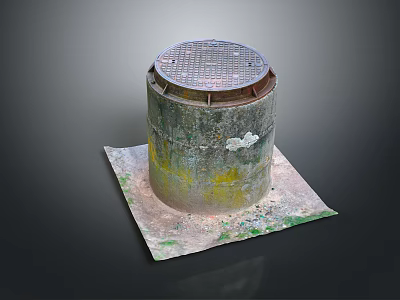 3D Rendered Round Sewer Manhole Cover With Grated Top On Aged Stained Concrete Base 3d model