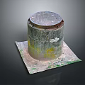 3D Rendered Round Sewer Manhole Cover With Grated Top On Aged Stained Concrete Base