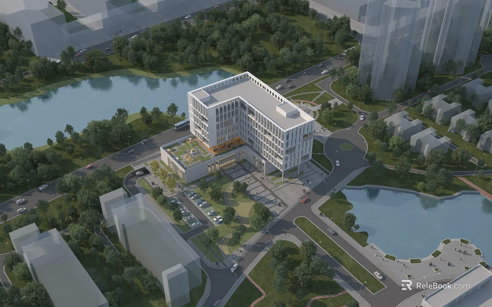 Modern Office Building With Glass Facade Lake Greenery And Urban Roads 3d model 