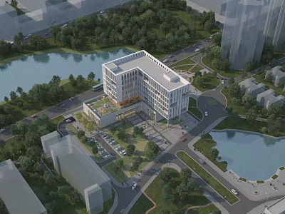 Modern Office Building With Glass Facade Lake Greenery And Urban Roads 3d model