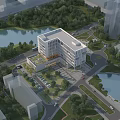 Modern Office Building With Glass Facade Lake Greenery And Urban Roads