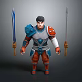 A Man In Armored Outfit With Blue And Orange Details Standing Between Two Swords