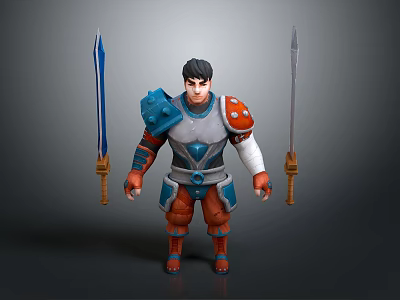 A Man In Armored Outfit With Blue And Orange Details Standing Between Two Swords 3d model
