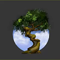 Decorative Tree with Curved Trunk and Green Leaves Yellow Leaf Accents Against Blue Circular Background