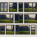 Various Opening Style Windows With Green Meadow Forest And Sunset Light
