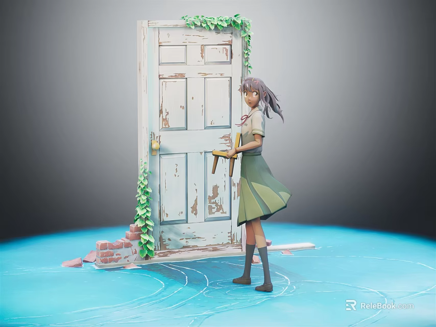 Girl Standing by Old Door Covered with Ivy on Blue Ground with Bricks 3d model 