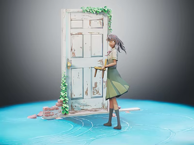 Girl Standing by Old Door Covered with Ivy on Blue Ground with Bricks 3d model
