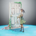 Girl Standing by Old Door Covered with Ivy on Blue Ground with Bricks
