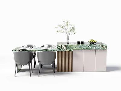 Modern Elegant Dining Table Set With Green Marble Top Gray Chairs And Sideboard Cabinet 3d model