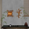 Unique Shaped Wooden Wall Lamps Branch and Square Frame on Grey Wall with Green Plants