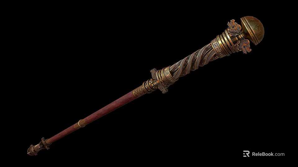 Detailed Ornate Scepter Weapon with Golden Decorations Carvings Red Wooden Shaft and Golden Sphere Top 3d model 