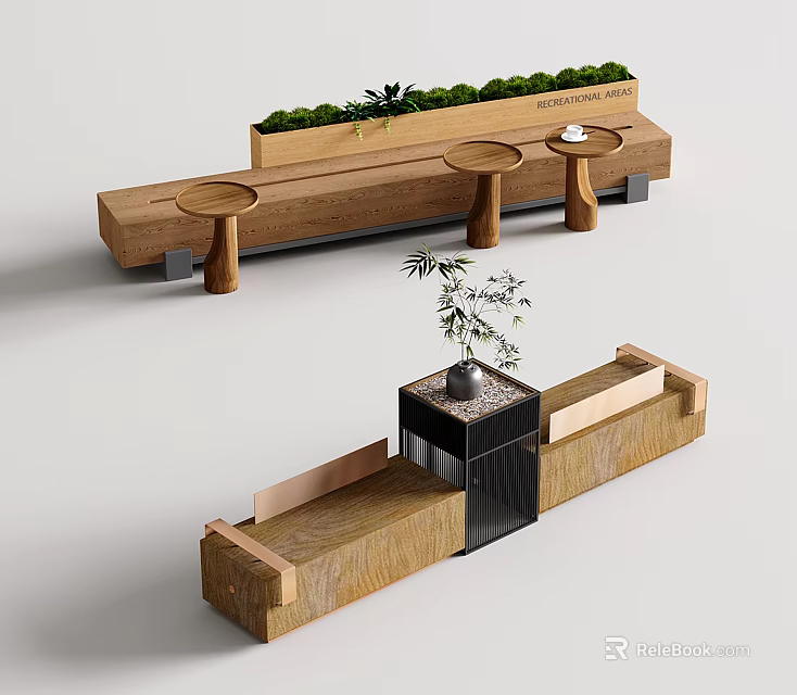 Wooden Landscape Seats With Planter Boxes And Small Round Tables For Outdoor Areas 3d model 