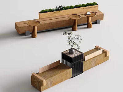 Wooden Landscape Seats With Planter Boxes And Small Round Tables For Outdoor Areas 3d model