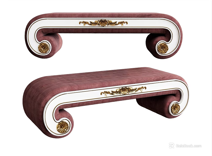 Elegant Classical Ottoman With Crimson Upholstery White Trim Golden Carvings And Curved Golden Legs 3d model 