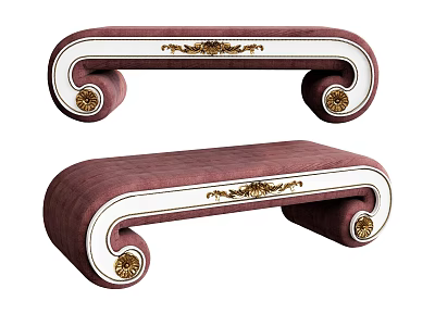 Elegant Classical Ottoman With Crimson Upholstery White Trim Golden Carvings And Curved Golden Legs 3d model