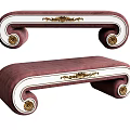 Elegant Classical Ottoman With Crimson Upholstery White Trim Golden Carvings And Curved Golden Legs