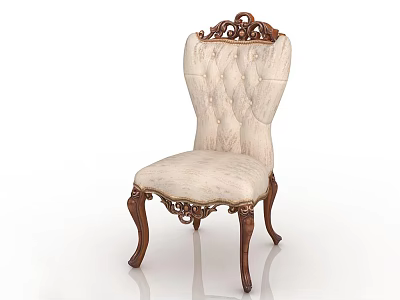 Vintage Style Carved Wooden Dining Chair With Beige Upholstered Seat And Backrest 3d model