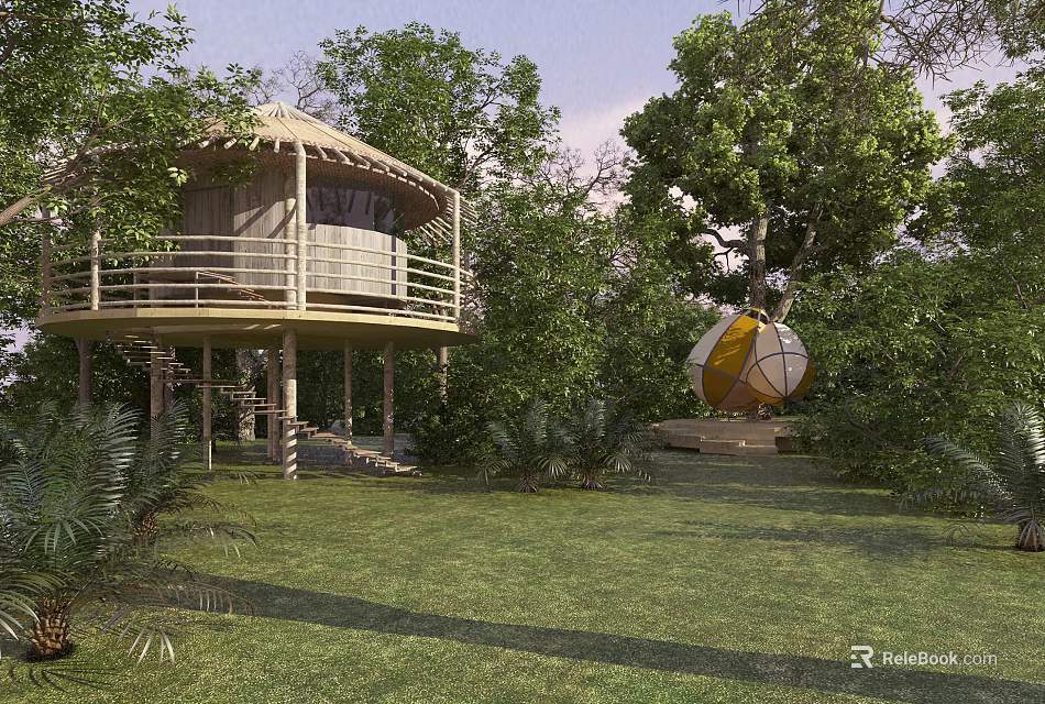 Scenic Outdoor Garden With Wooden Treehouse Yellow White Spherical Decor Green Trees And Grass 3d model 