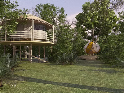 Scenic Outdoor Garden With Wooden Treehouse Yellow White Spherical Decor Green Trees And Grass 3d model