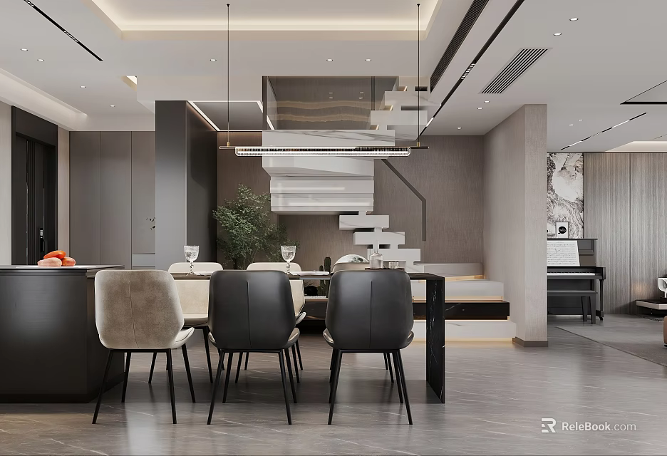 Modern Restaurant Interior With Open Design Dining Table Chairs And Minimalist Pendant Lighting 3d model