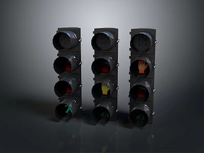 Three Traffic Lights With Red Yellow Green Lamps And Hand Symbol Indicators 3d model