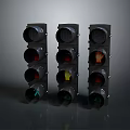 Three Traffic Lights With Red Yellow Green Lamps And Hand Symbol Indicators