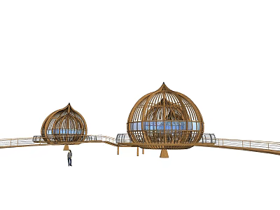 Two Outdoor Wooden Dome Architectural Structures With Glass Windows Walkway And Person Nearby 3d model