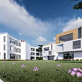 Modern School Building With White And Wooden Facade Large Windows Greenery And Front Pathway