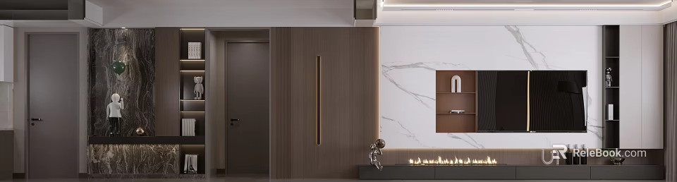 Modern TV Wall Design With Marble Panel Wooden Texture And Lighting Strips 3d model 