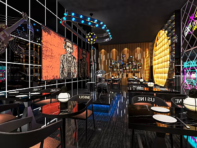 Modern Bar Interior With Neon Decorations Bar Counter Tables And Chairs 3d model
