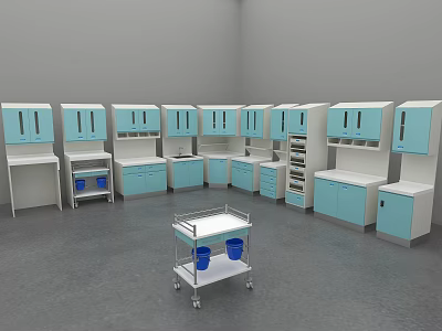 Blue And White Medical Cabinets With Mobile Cart In Clinical Setting 3d model