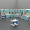 Blue And White Medical Cabinets With Mobile Cart In Clinical Setting
