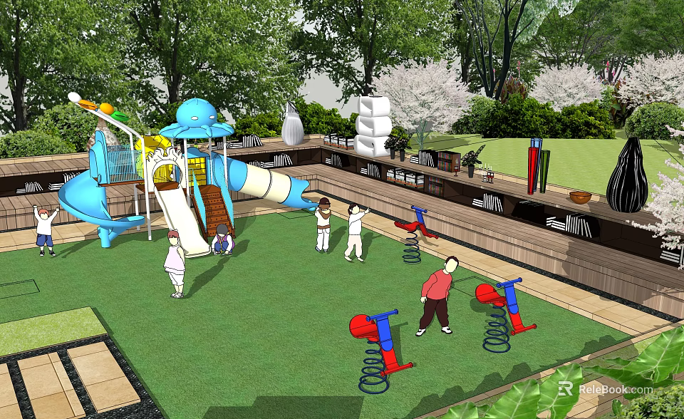 Fun Kids Play Area With Blue Slide Spring Riders Green Lawn And Playful Children 3d model 