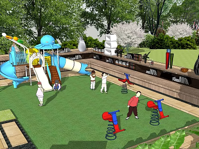Fun Kids Play Area With Blue Slide Spring Riders Green Lawn And Playful Children 3d model