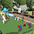 Fun Kids Play Area With Blue Slide Spring Riders Green Lawn And Playful Children