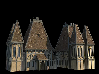 Ancient Architecture with Pointed Roofs and Stone Wooden Structure Medieval Style Towers and Classic Windows 3d model