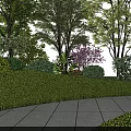 Beautiful Park Landscape with Lush Trees Flowering Shrubs and Stone Tile Walkway