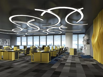 Modern Public Office Space With Yellow Desks White Circular Lights Large Windows And Checkered Floor 3d model