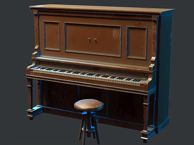 Upright Wooden Piano With Black And White Keys And Matching Stool 3d model