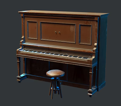 Upright Wooden Piano With Black And White Keys And Matching Stool 3d model