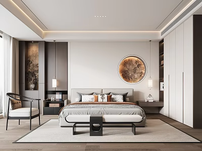 Modern Bedroom Interior Design With Round Decorative Painting Gray Bedding And Area Rug 3d model