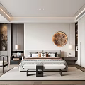 Modern Bedroom Interior Design With Round Decorative Painting Gray Bedding And Area Rug