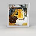 Abstract Oil Painting In White Frame With Yellow Brown Blue Colors For Home Decor