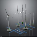 Wind Turbines With White Bodies Red Green Markings And Blue Support Frames 3d model