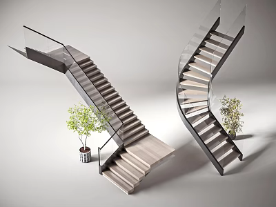 Modern Staircase Interior Design With Glass Railings And Potted Plants 3d model
