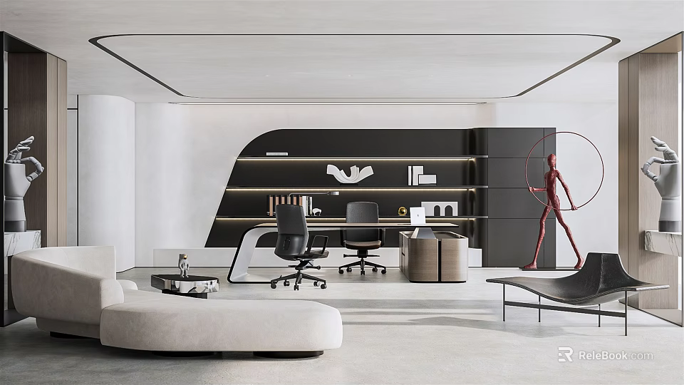 Modern Office Interior With Ergonomic Desks Comfortable Chairs And Wall Shelves 3d model 