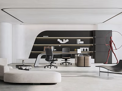 Modern Office Interior With Ergonomic Desks Comfortable Chairs And Wall Shelves 3d model