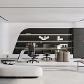 Modern Office Interior With Ergonomic Desks Comfortable Chairs And Wall Shelves
